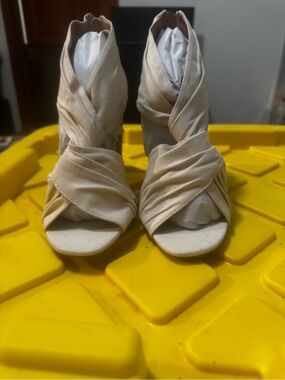 Beige Wrap-Front Women's Heeled Sandals